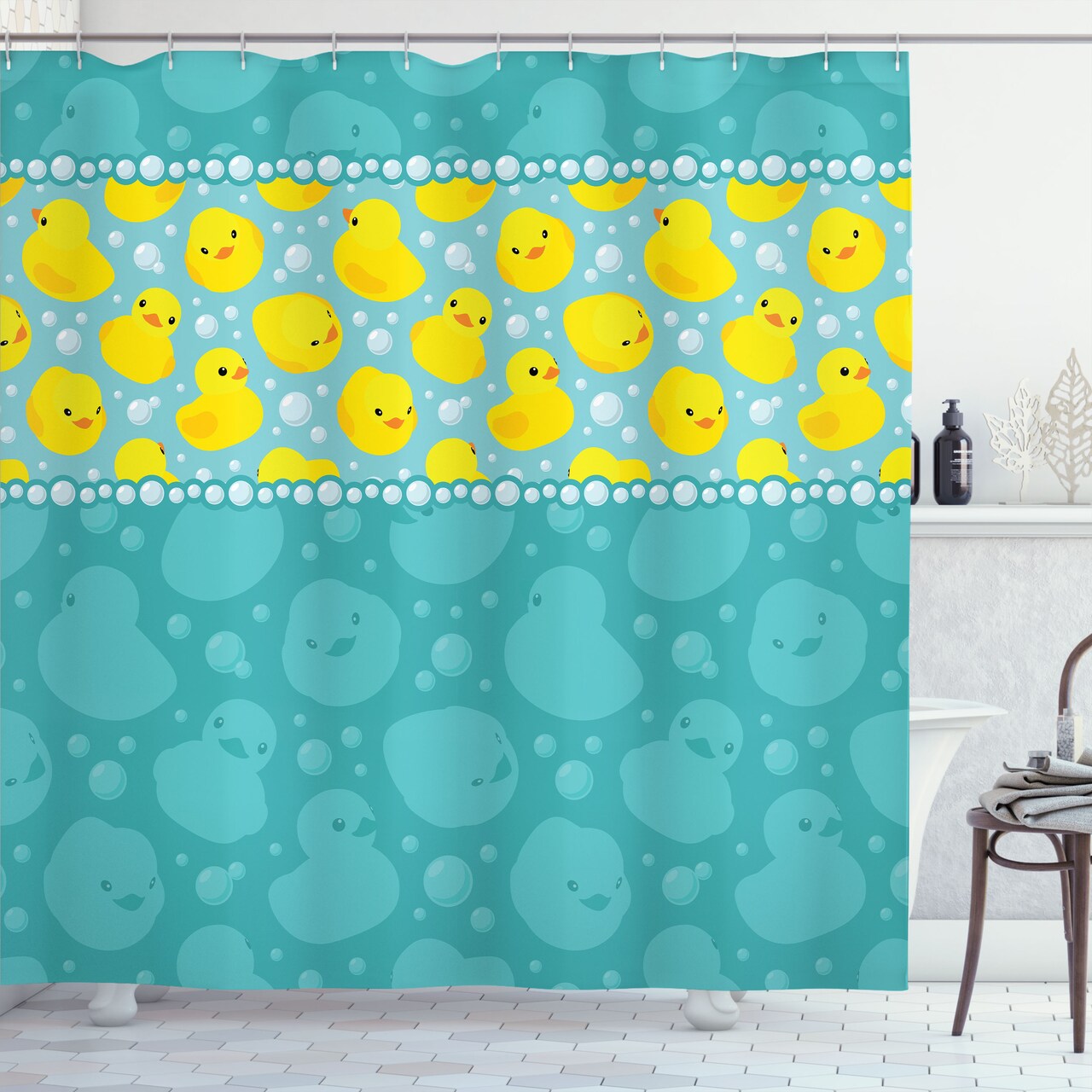 Ambesonne Rubber Duck Shower Curtain, Cartoon Style Duckies Swimming in Water Pattern Fun Bubbles Aqua Colors, Cloth Fabric Bathroom Decor Set with Hooks, 69" W x 70" L, Teal Blue